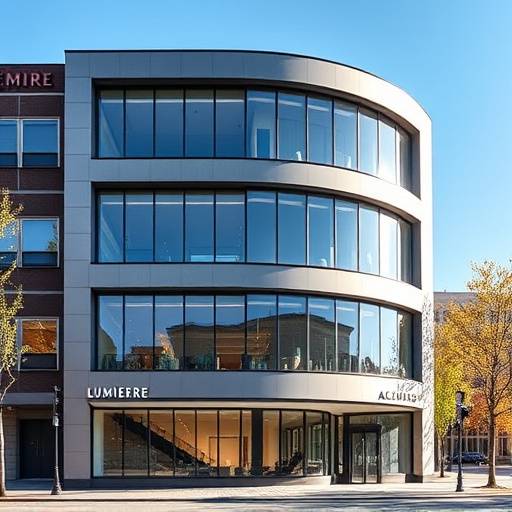 Le bâtiment d'Académie Lumière situé au 123 Rue Saint-Denis, Montréal, un immeuble moderne de quatre étages avec de grandes fenêtres.