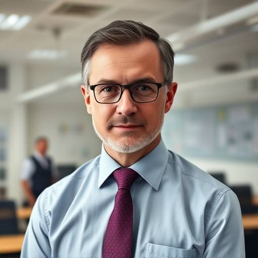 Portrait de Jean Tremblay, professeur de franäais sérieux et compétent, en chemise et cravate, dans une salle de classe moderne.