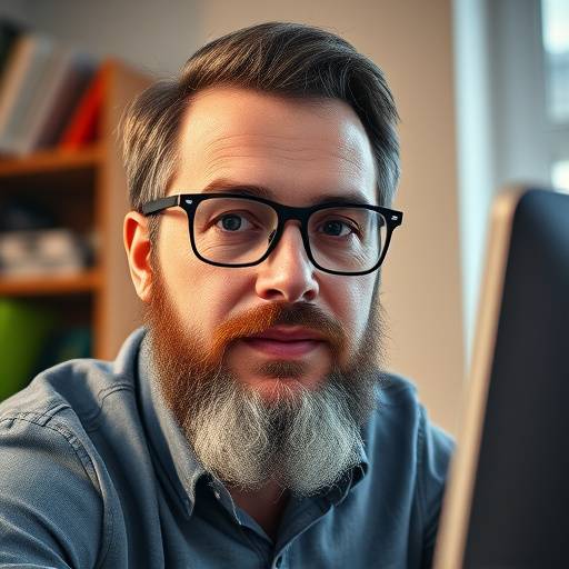 Portrait de Marc-André Dubois, professeur de franäais avec une barbe soignée et des lunettes, en train d'enseigner en ligne devant son ordinateur.