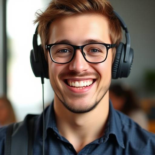 Portrait de Nicolas Bédard, professeur de franäais avec une allure jeune et dynamique, portant des écouteurs et souriant avec enthousiasme.