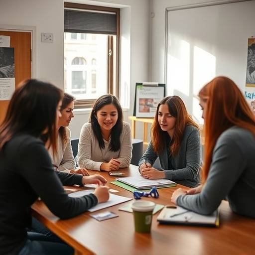 Une classe de franäais de niveau avancé à Académie Lumière, Montréal. Les étudiants travaillent sur un projet de groupe.